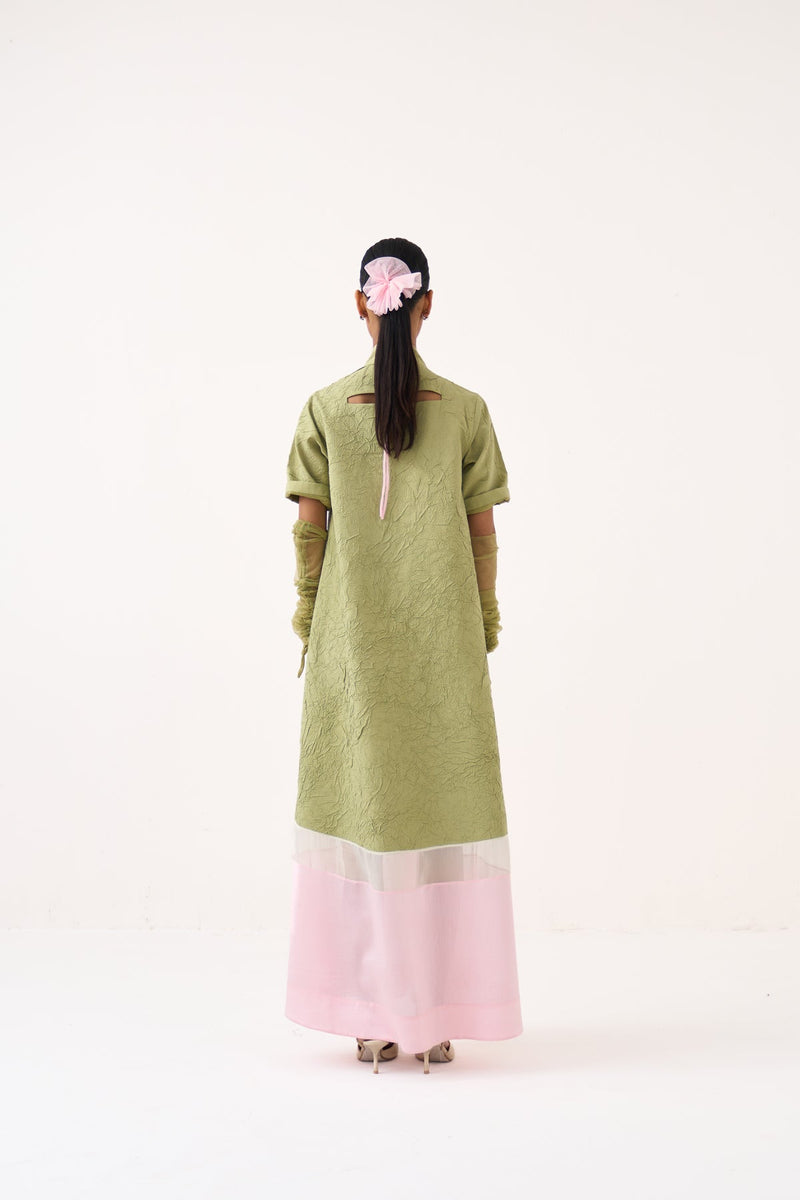 Turtle Neck Dress-Soft Moss crushed mul dress by THREE in soft moss for women in Singapore