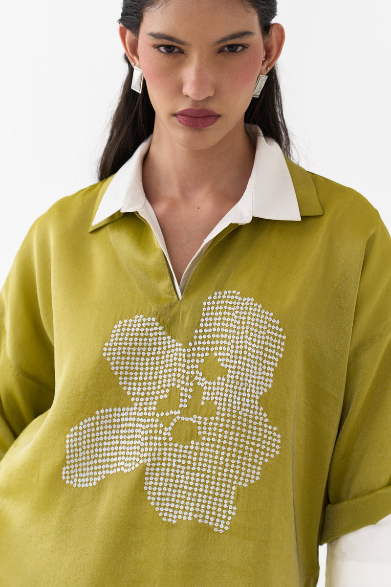 Emb. V Neck Top (Set Of 2)-Electric Lime metallic tissue top/shirt by THREE in yellow for women in Singapore