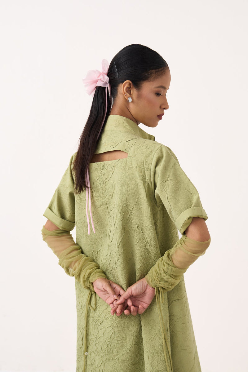 Turtle Neck Dress-Soft Moss crushed mul dress by THREE in soft moss for women in Singapore