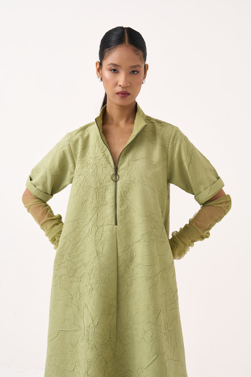 Turtle Neck Dress-Soft Moss crushed mul dress by THREE in soft moss for women in Singapore
