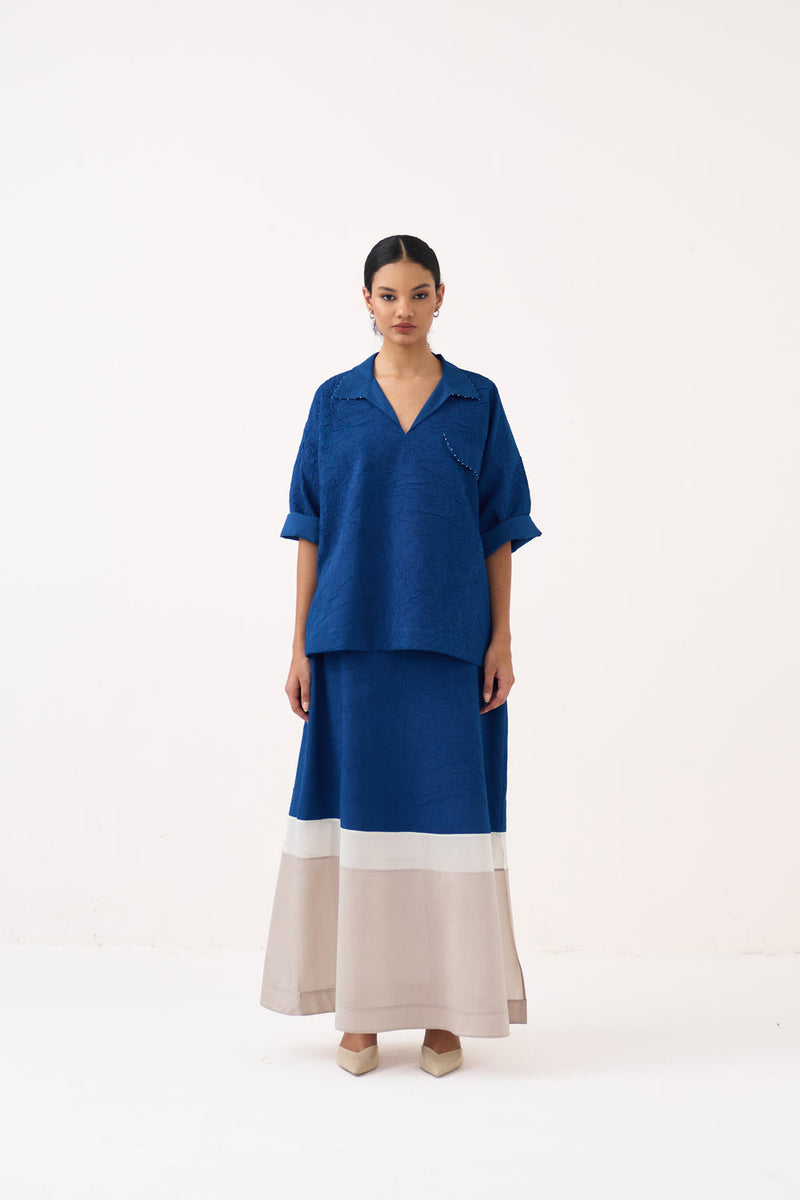 Panelled Skirt Co-Ord-Cobalt Blue textured handwoven mul co-ord set by THREE in blue for women in Singapore