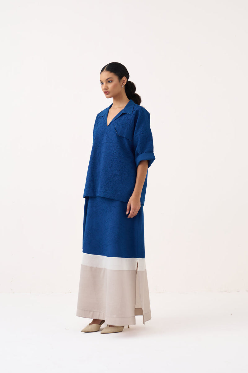 Panelled Skirt Co-Ord-Cobalt Blue textured handwoven mul co-ord set by THREE in blue for women in Singapore