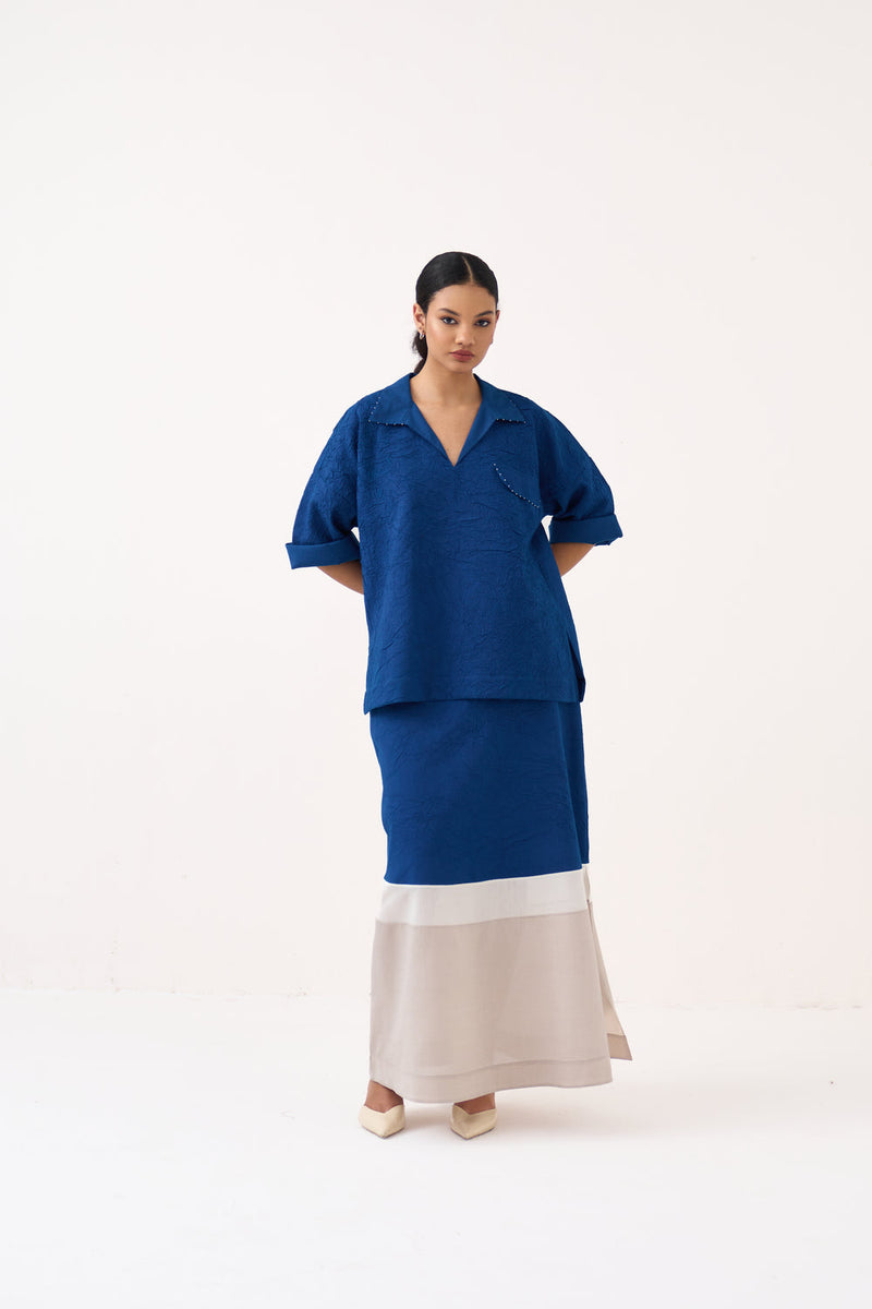 Panelled Skirt-Cobalt Blue crush hand woven mul skirt by THREE in blue for women in Singapore
