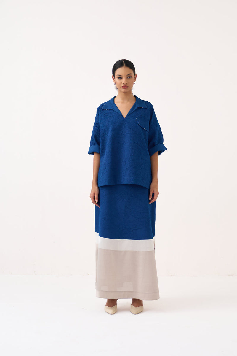 Panelled Skirt-Cobalt Blue crush hand woven mul skirt by THREE in blue for women in Singapore