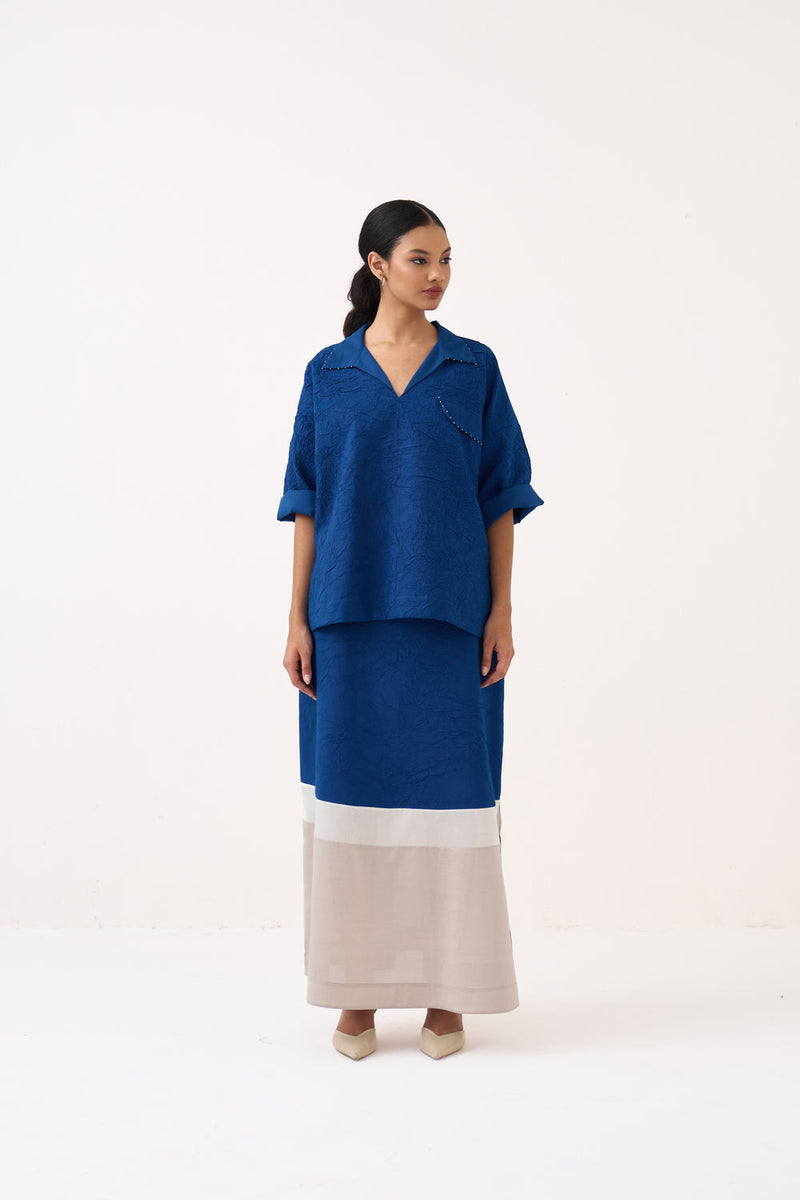V Neck Top-Cobalt Blue crushed mul top/shirt by THREE in blue for women in Singapore