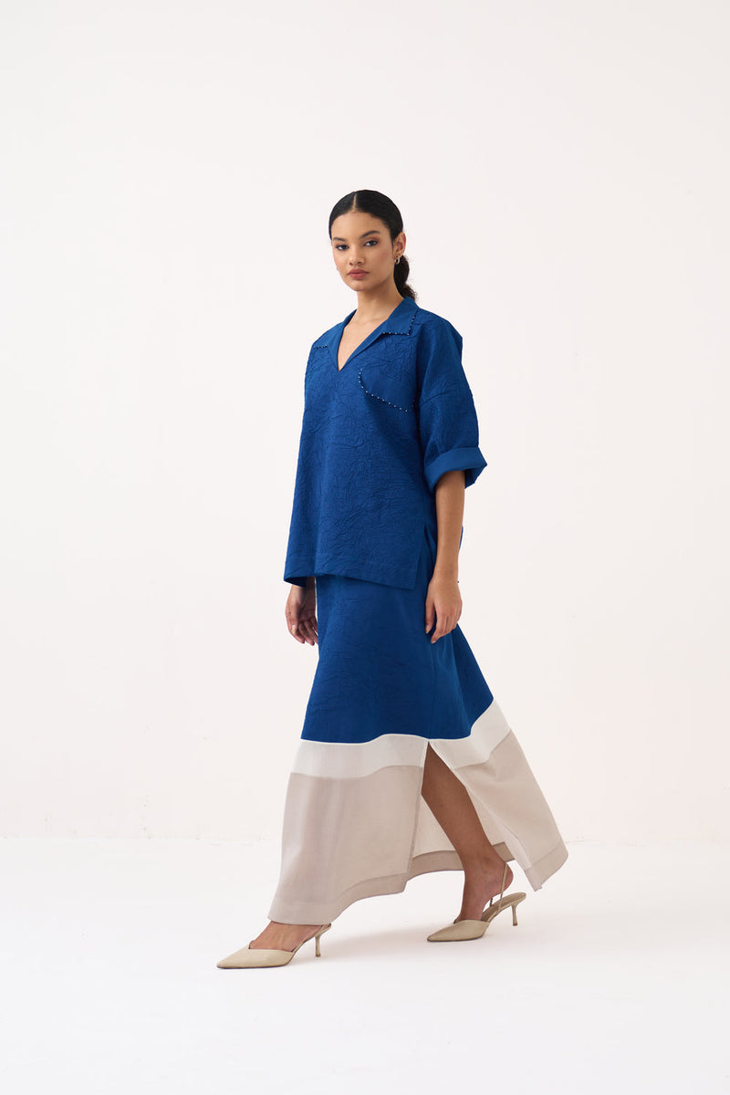 Panelled Skirt-Cobalt Blue crush hand woven mul skirt by THREE in blue for women in Singapore