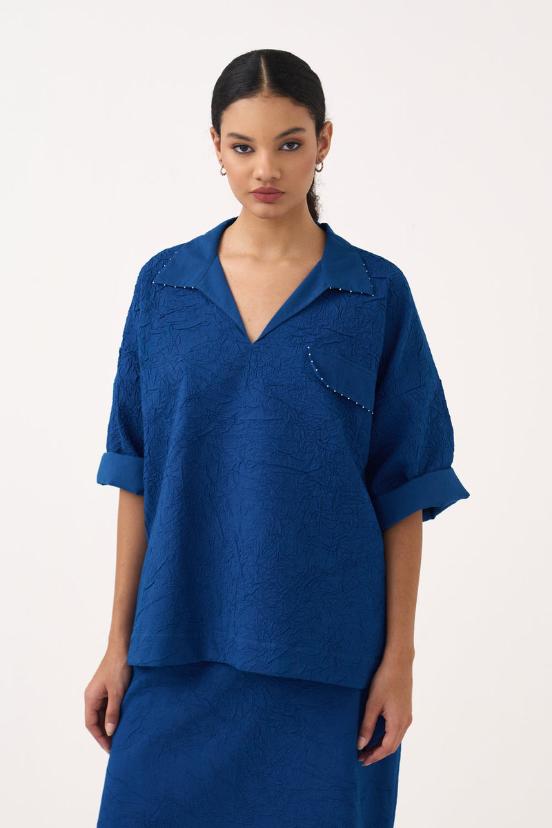 V Neck Top-Cobalt Blue crushed mul top/shirt by THREE in blue for women in Singapore