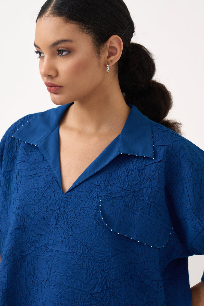 Panelled Skirt Co-Ord-Cobalt Blue textured handwoven mul co-ord set by THREE in blue for women in Singapore