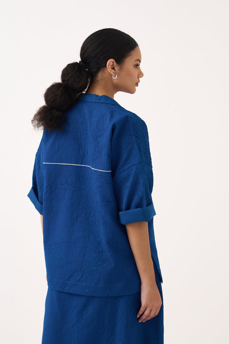 V Neck Top-Cobalt Blue crushed mul top/shirt by THREE in blue for women in Singapore