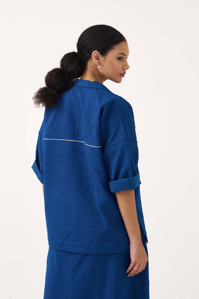 Panelled Skirt Co-Ord-Cobalt Blue textured handwoven mul co-ord set by THREE in blue for women in Singapore