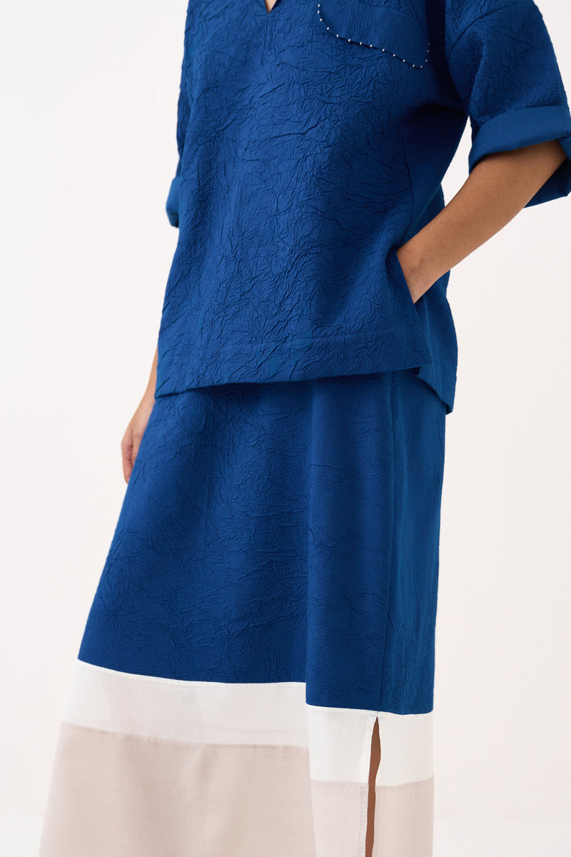Panelled Skirt-Cobalt Blue crush hand woven mul skirt by THREE in blue for women in Singapore