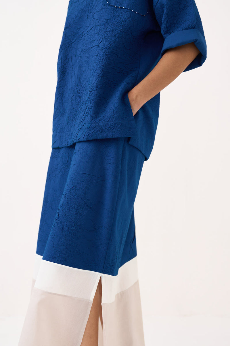 Panelled Skirt-Cobalt Blue crush hand woven mul skirt by THREE in blue for women in Singapore