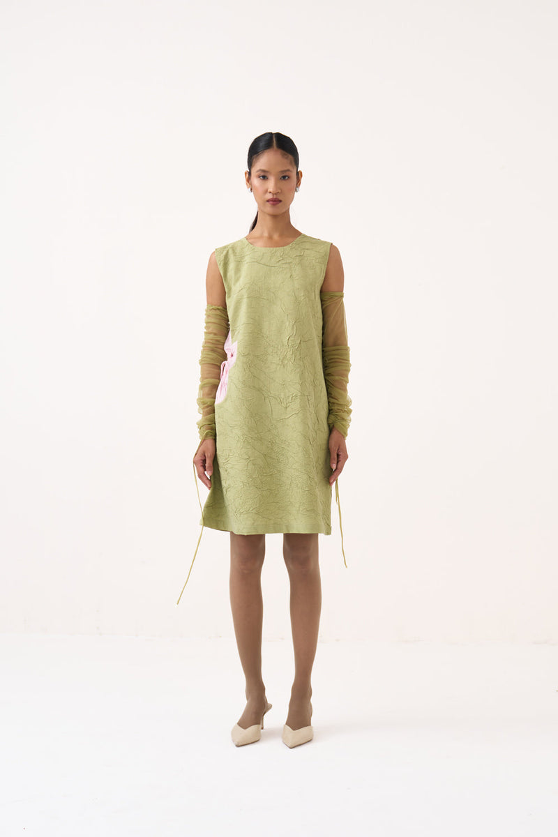 Side Floral Drawstring Shift Dress-Soft Moss crushed mul/crepe dress by THREE in soft moss for women in Singapore