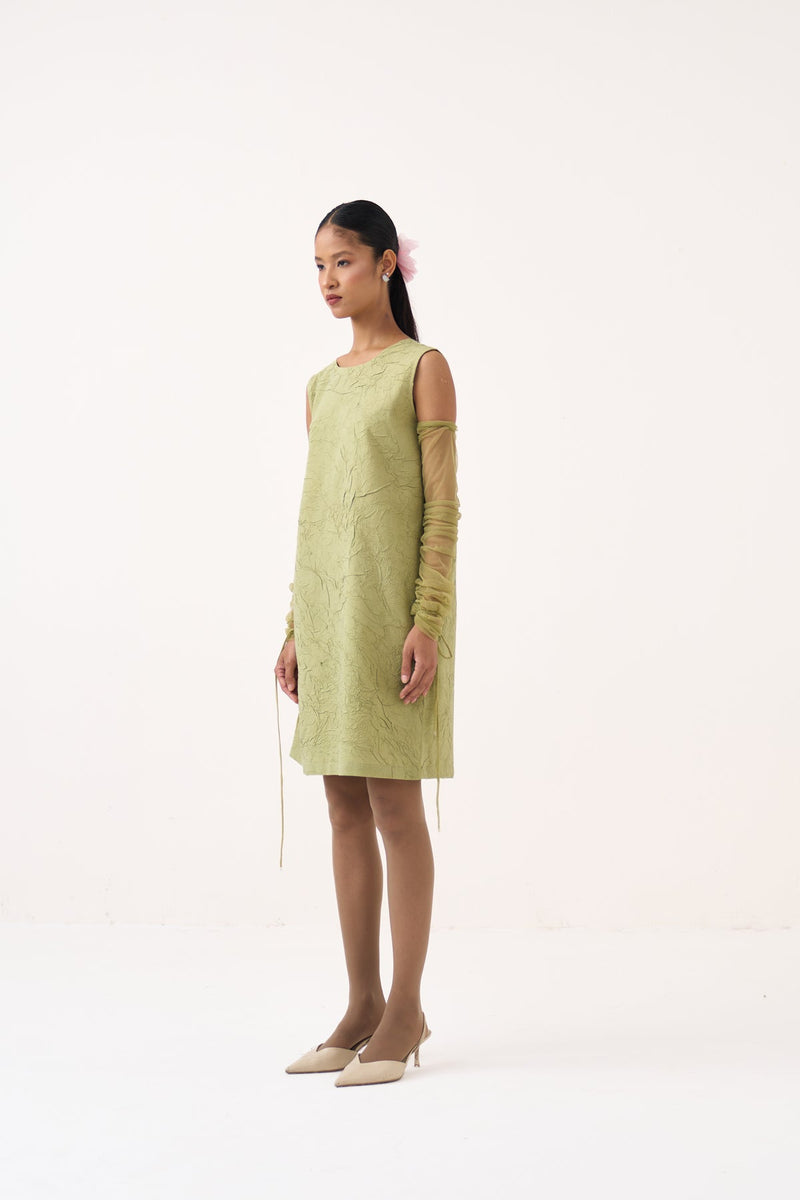 Side Floral Drawstring Shift Dress-Soft Moss crushed mul/crepe dress by THREE in soft moss for women in Singapore