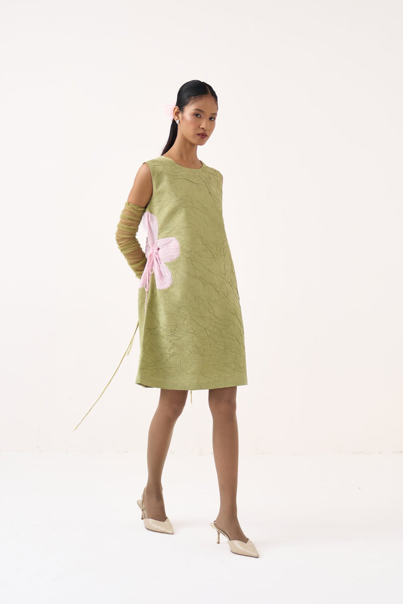 Side Floral Drawstring Shift Dress-Soft Moss crushed mul/crepe dress by THREE in soft moss for women in Singapore