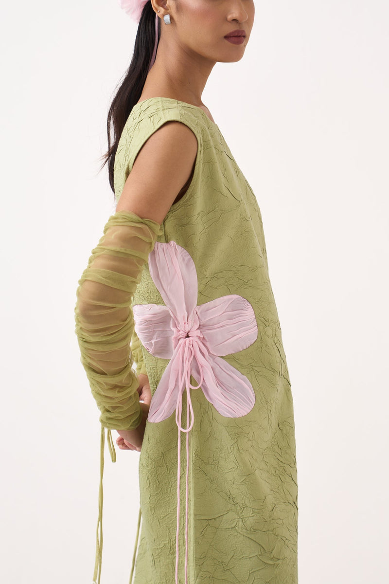 Side Floral Drawstring Shift Dress-Soft Moss crushed mul/crepe dress by THREE in soft moss for women in Singapore