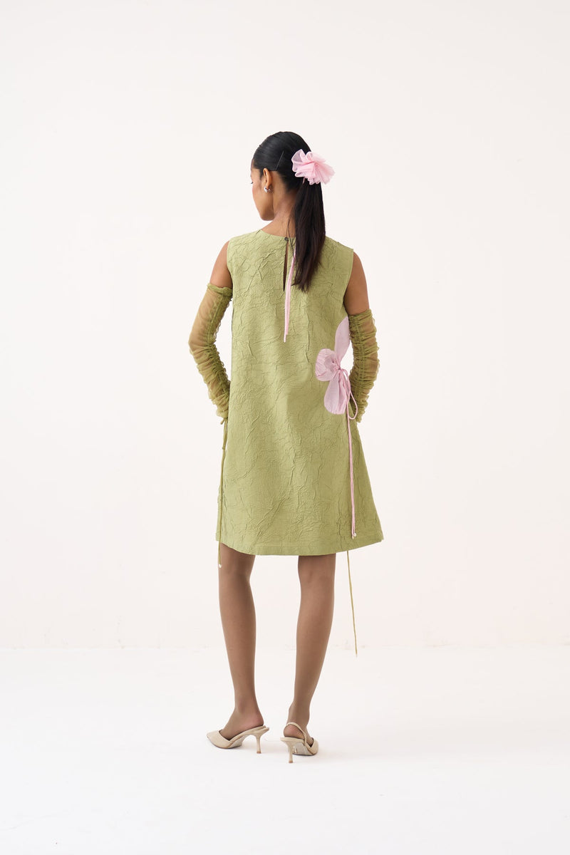 Side Floral Drawstring Shift Dress-Soft Moss crushed mul/crepe dress by THREE in soft moss for women in Singapore