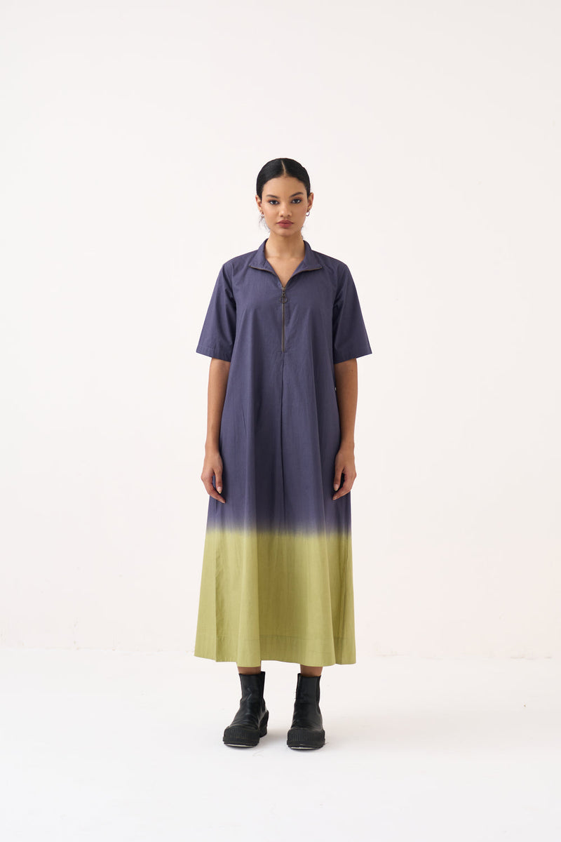 Dip Dye Turtle Neck Dress-Ash Voilet and Soft Moss poplin dress by THREE in voilet for women in Singapore