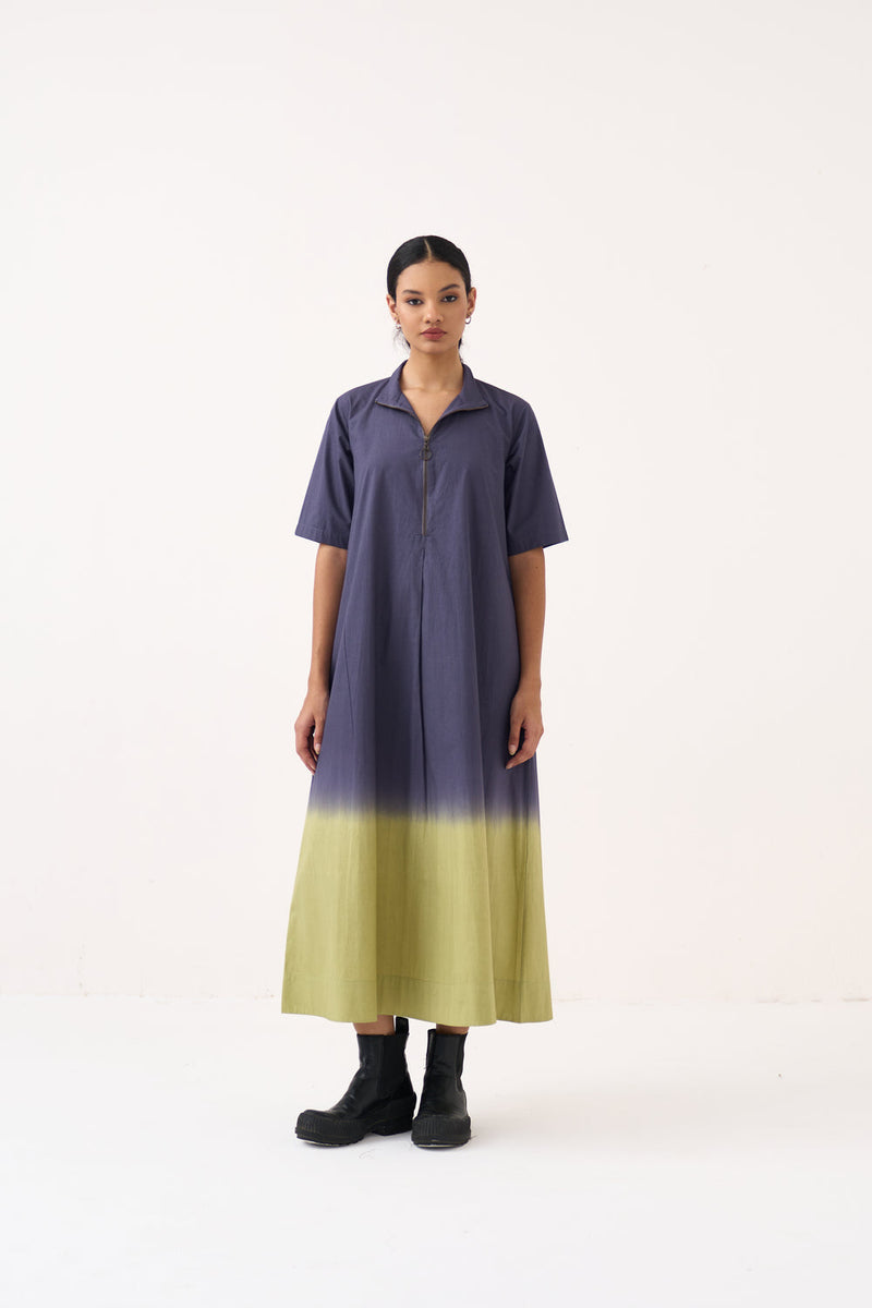 Dip Dye Turtle Neck Dress-Ash Voilet and Soft Moss poplin dress by THREE in voilet for women in Singapore