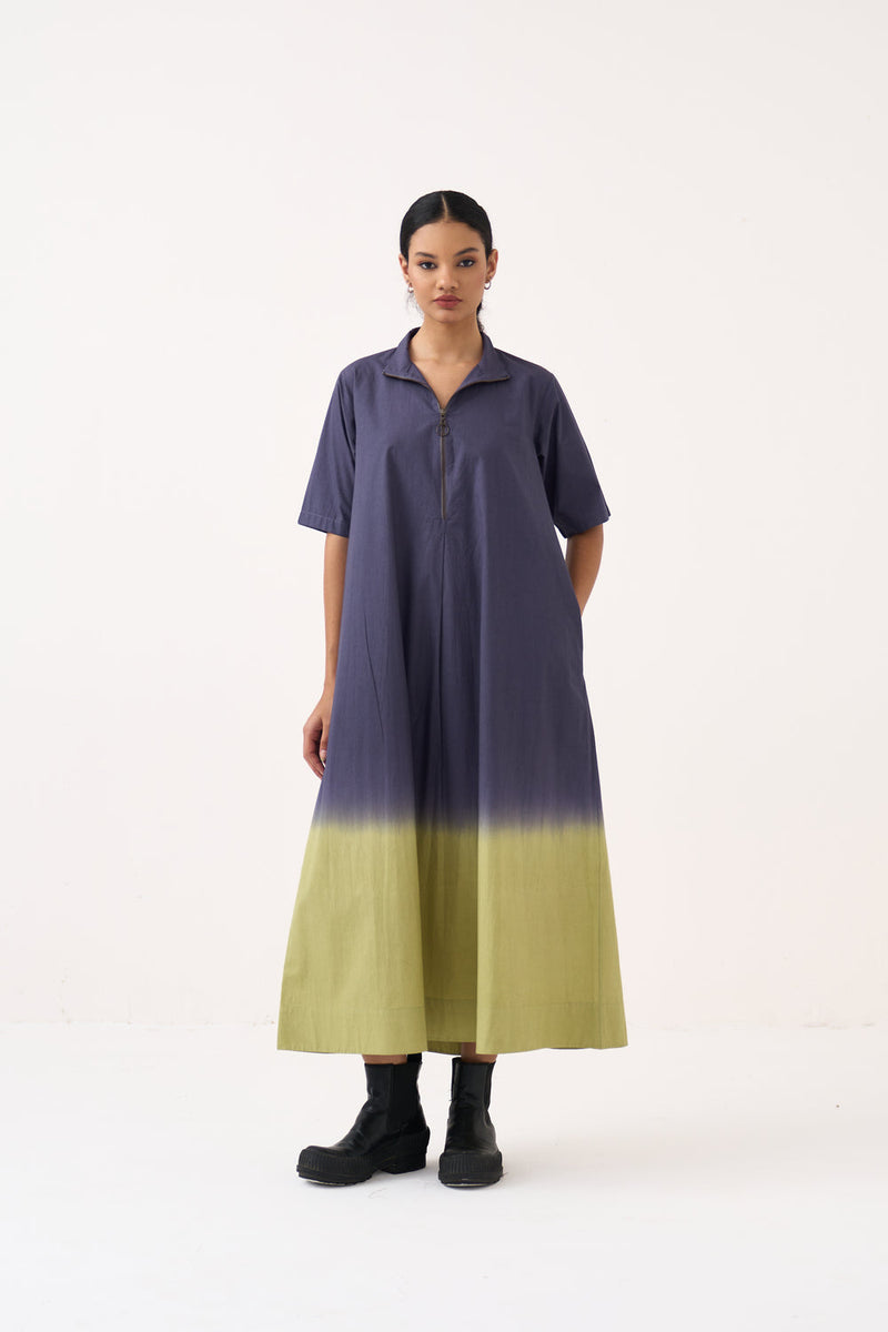 Dip Dye Turtle Neck Dress-Ash Voilet and Soft Moss poplin dress by THREE in voilet for women in Singapore