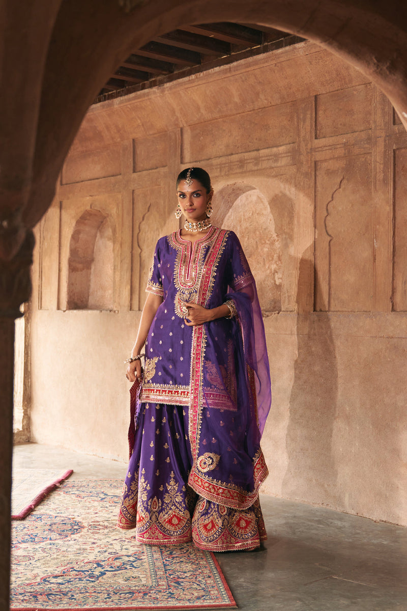 AREESHA - DEEP PURPLE SHORT KURTA WITH SHARARA AND DUPATTA silk chanderi kurta/kurta set by SHEETAL BATRA in purple for women in Singapore