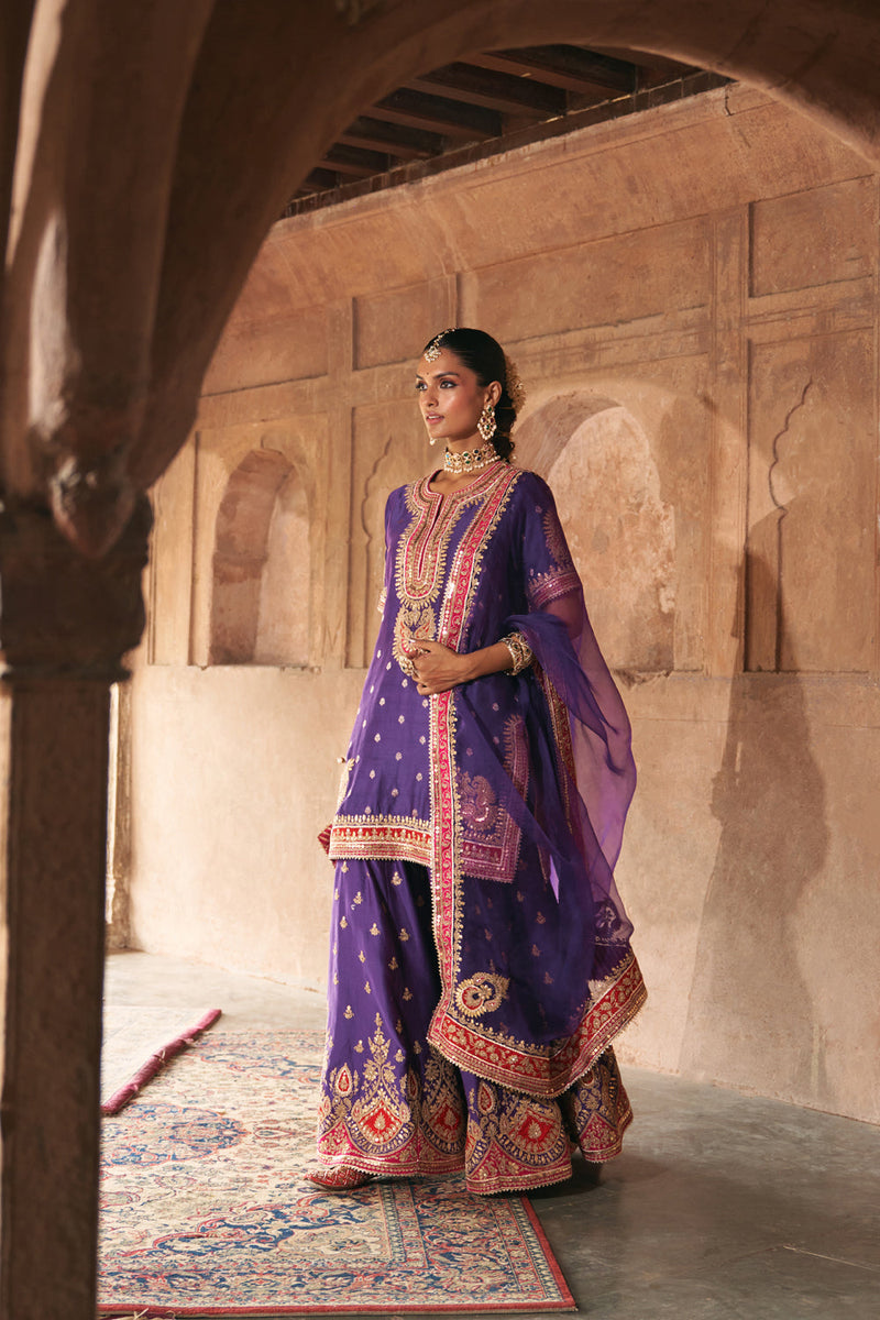 AREESHA - DEEP PURPLE SHORT KURTA WITH SHARARA AND DUPATTA silk chanderi kurta/kurta set by SHEETAL BATRA in purple for women in Singapore