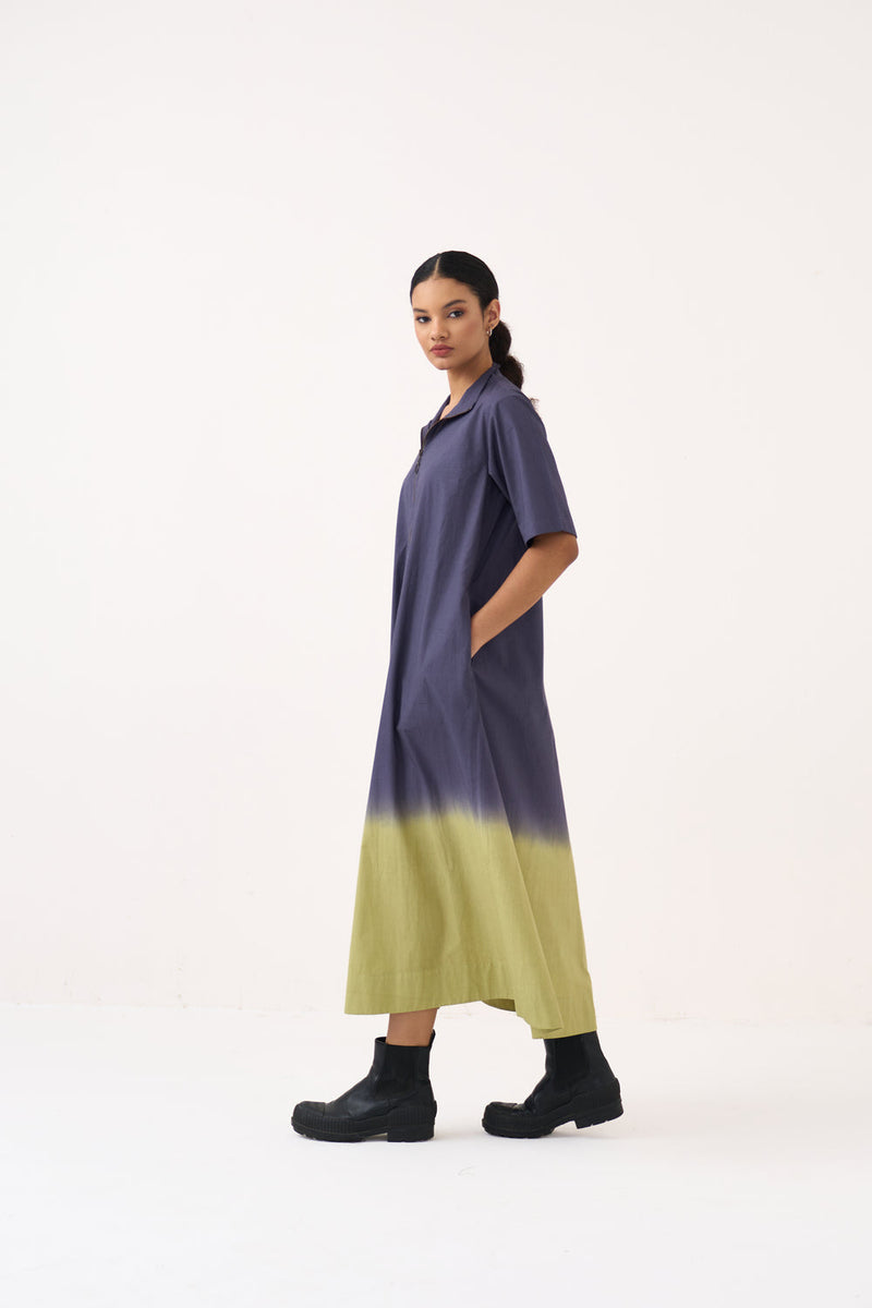 Dip Dye Turtle Neck Dress-Ash Voilet and Soft Moss poplin dress by THREE in voilet for women in Singapore