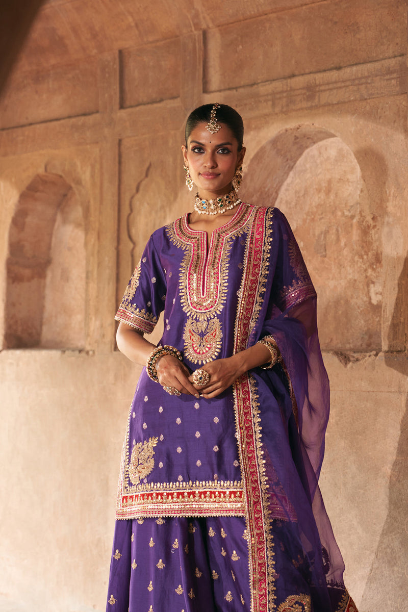 AREESHA - DEEP PURPLE SHORT KURTA WITH SHARARA AND DUPATTA silk chanderi kurta/kurta set by SHEETAL BATRA in purple for women in Singapore