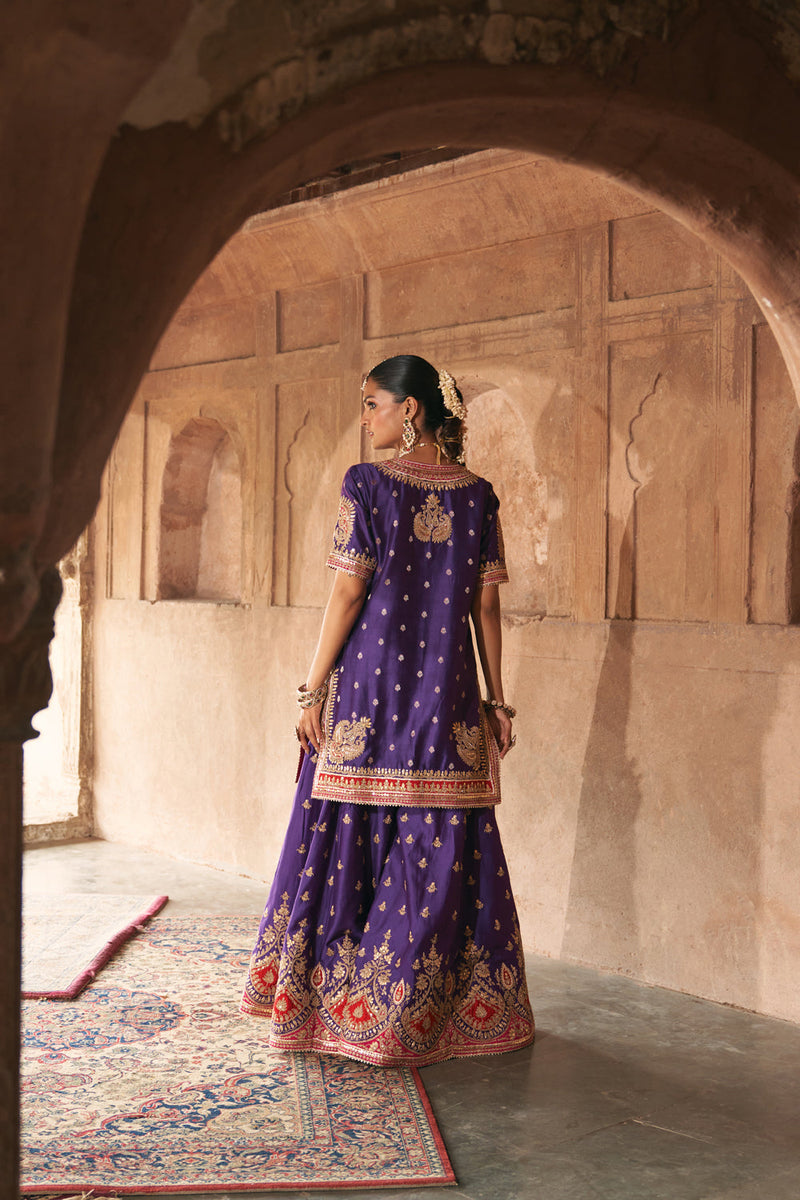 AREESHA - DEEP PURPLE SHORT KURTA WITH SHARARA AND DUPATTA silk chanderi kurta/kurta set by SHEETAL BATRA in purple for women in Singapore