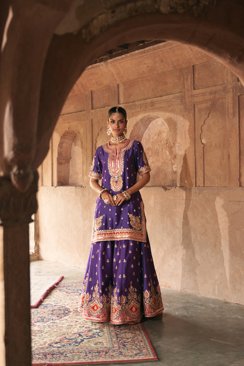 AREESHA - DEEP PURPLE SHORT KURTA WITH SHARARA AND DUPATTA silk chanderi kurta/kurta set by SHEETAL BATRA in purple for women in Singapore