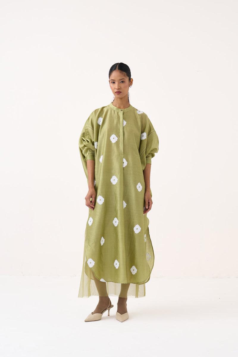 Block Print Bat Sleeve Dress (Slip Included)-Soft Moss  chanderi  dress by THREE in soft moss for women in Singapore
