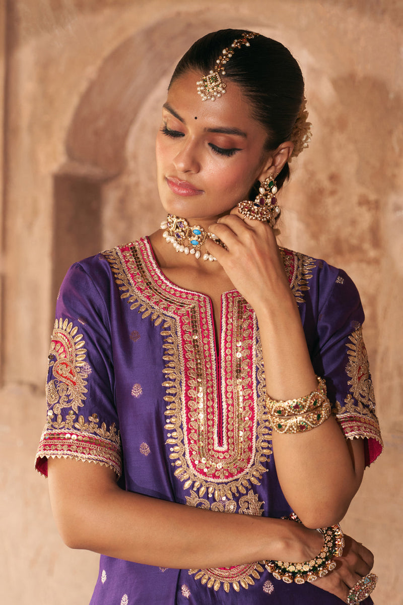 AREESHA - DEEP PURPLE SHORT KURTA WITH SHARARA AND DUPATTA silk chanderi kurta/kurta set by SHEETAL BATRA in purple for women in Singapore