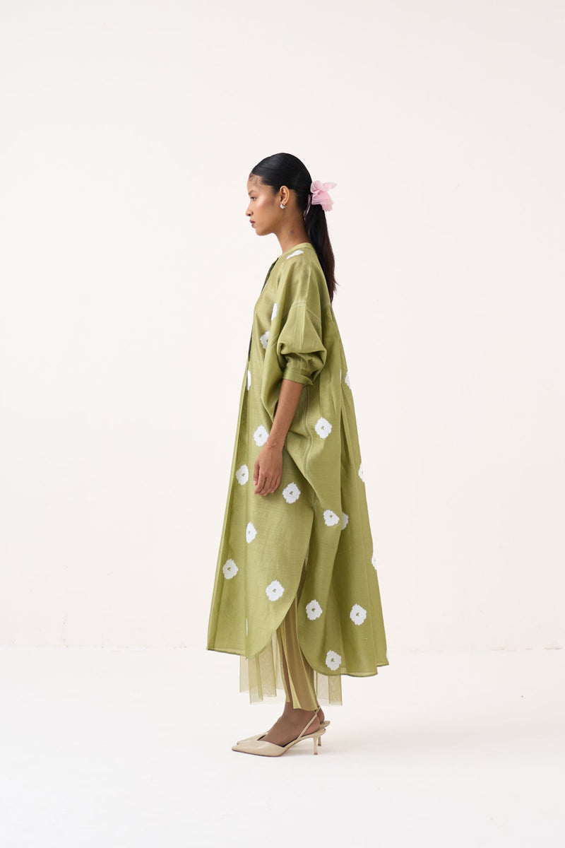Block Print Bat Sleeve Dress (Slip Included)-Soft Moss  chanderi  dress by THREE in soft moss for women in Singapore
