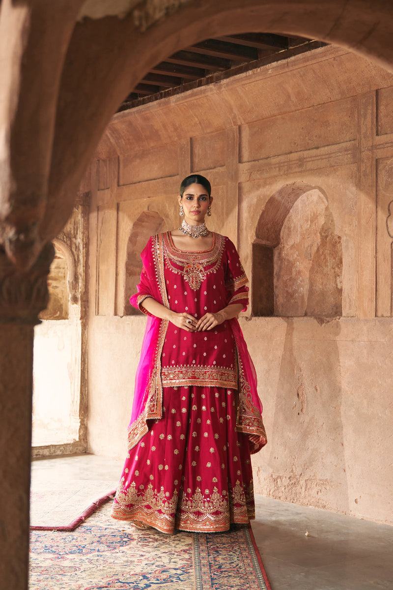 SAMREEN - HOTPINK SHORT KURTA WITH SHARARA AND DUPATTA silk chanderi kurta/kurta set by SHEETAL BATRA in pink for women in Singapore