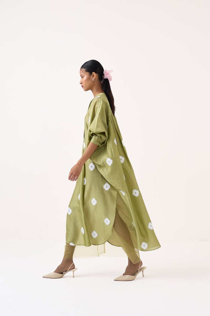 Block Print Bat Sleeve Dress (Slip Included)-Soft Moss  chanderi  dress by THREE in soft moss for women in Singapore