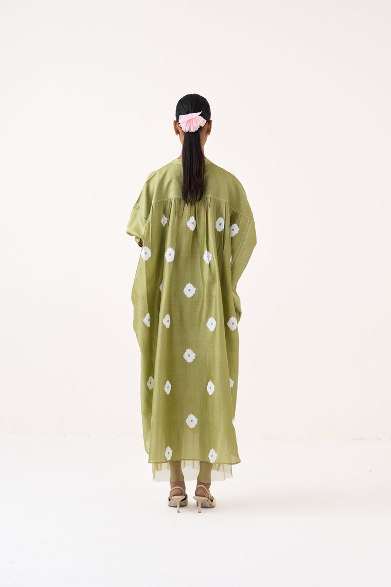Block Print Bat Sleeve Dress (Slip Included)-Soft Moss  chanderi  dress by THREE in soft moss for women in Singapore