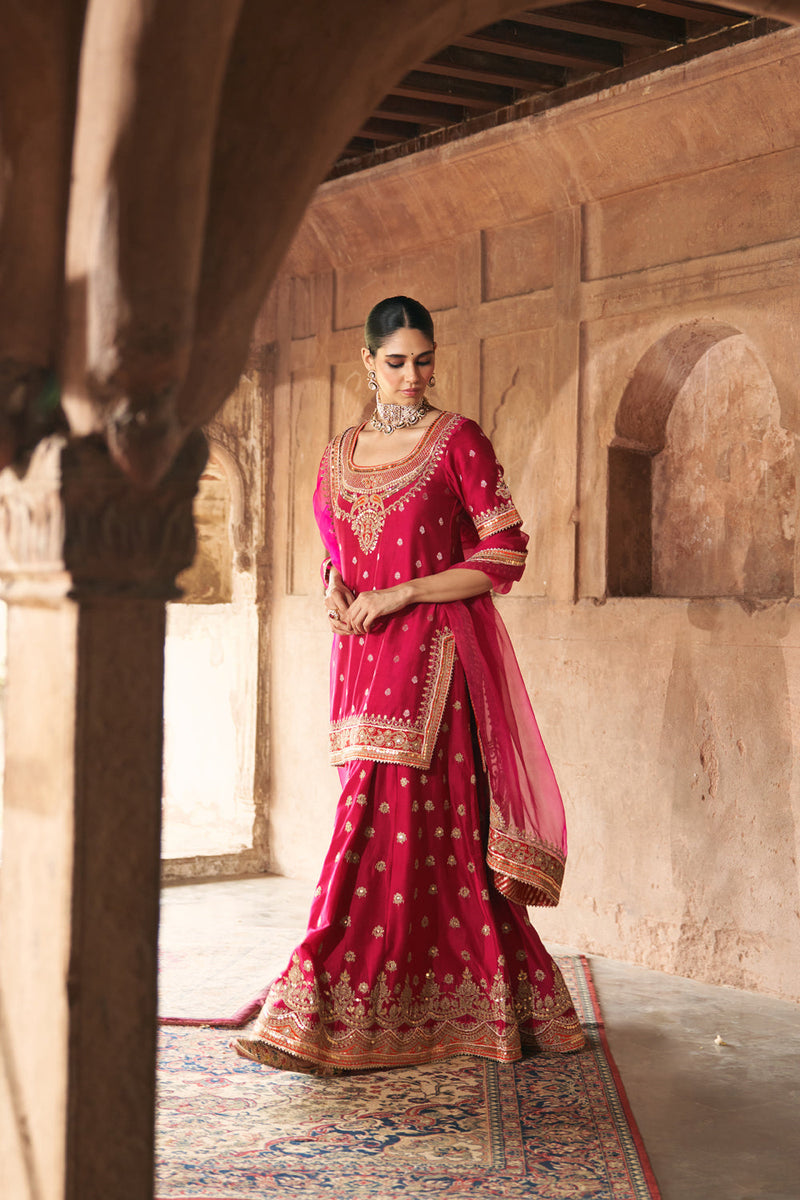 SAMREEN - HOTPINK SHORT KURTA WITH SHARARA AND DUPATTA silk chanderi kurta/kurta set by SHEETAL BATRA in pink for women in Singapore