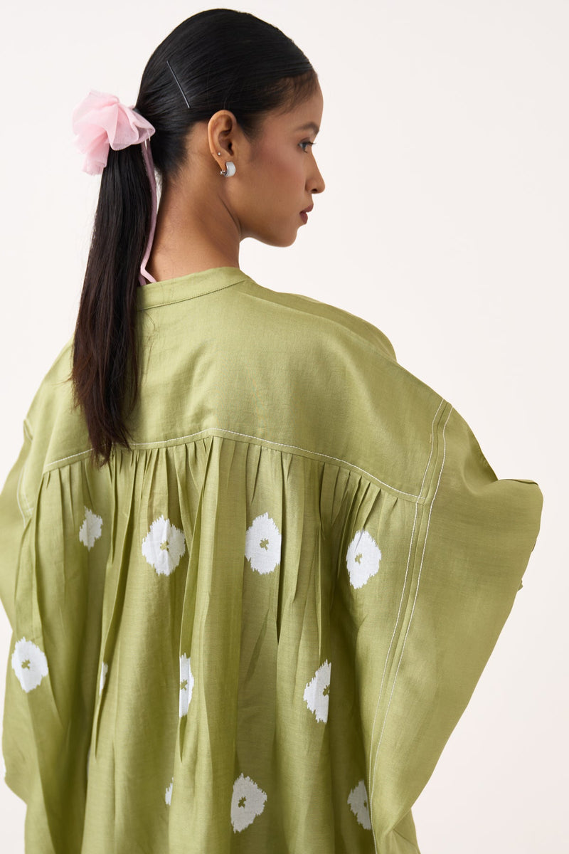 Block Print Bat Sleeve Dress (Slip Included)-Soft Moss  chanderi  dress by THREE in soft moss for women in Singapore