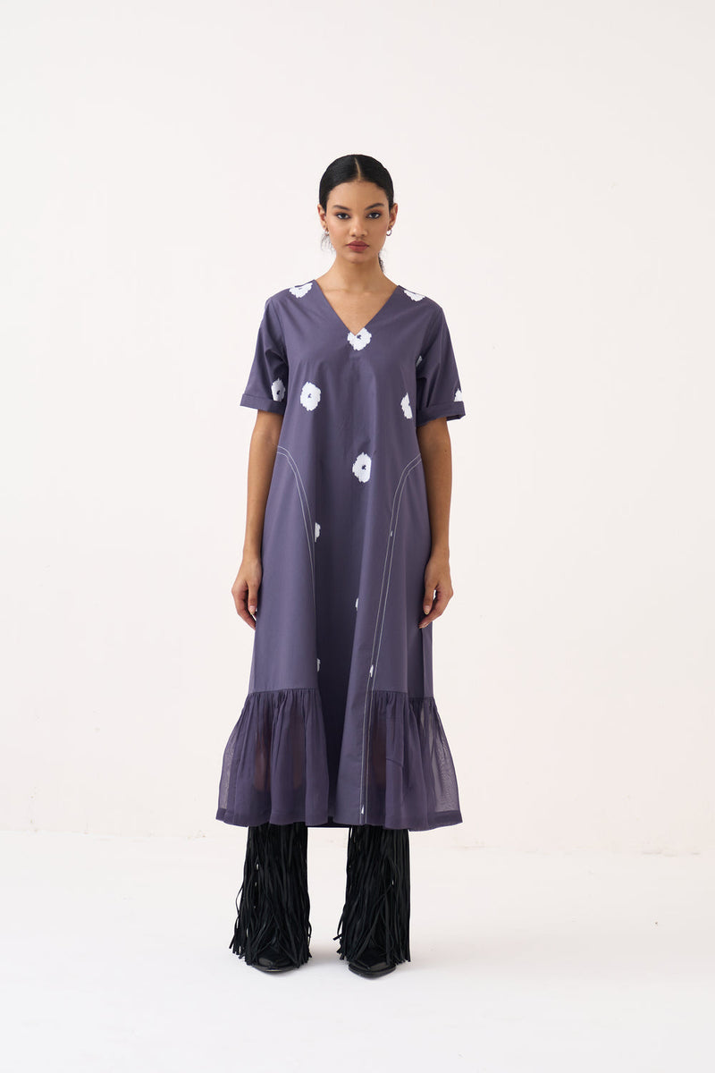 Side U-Gather Block Print Dress-Ash Violet poplin, crepe silk dress by THREE in voilet for women in Singapore