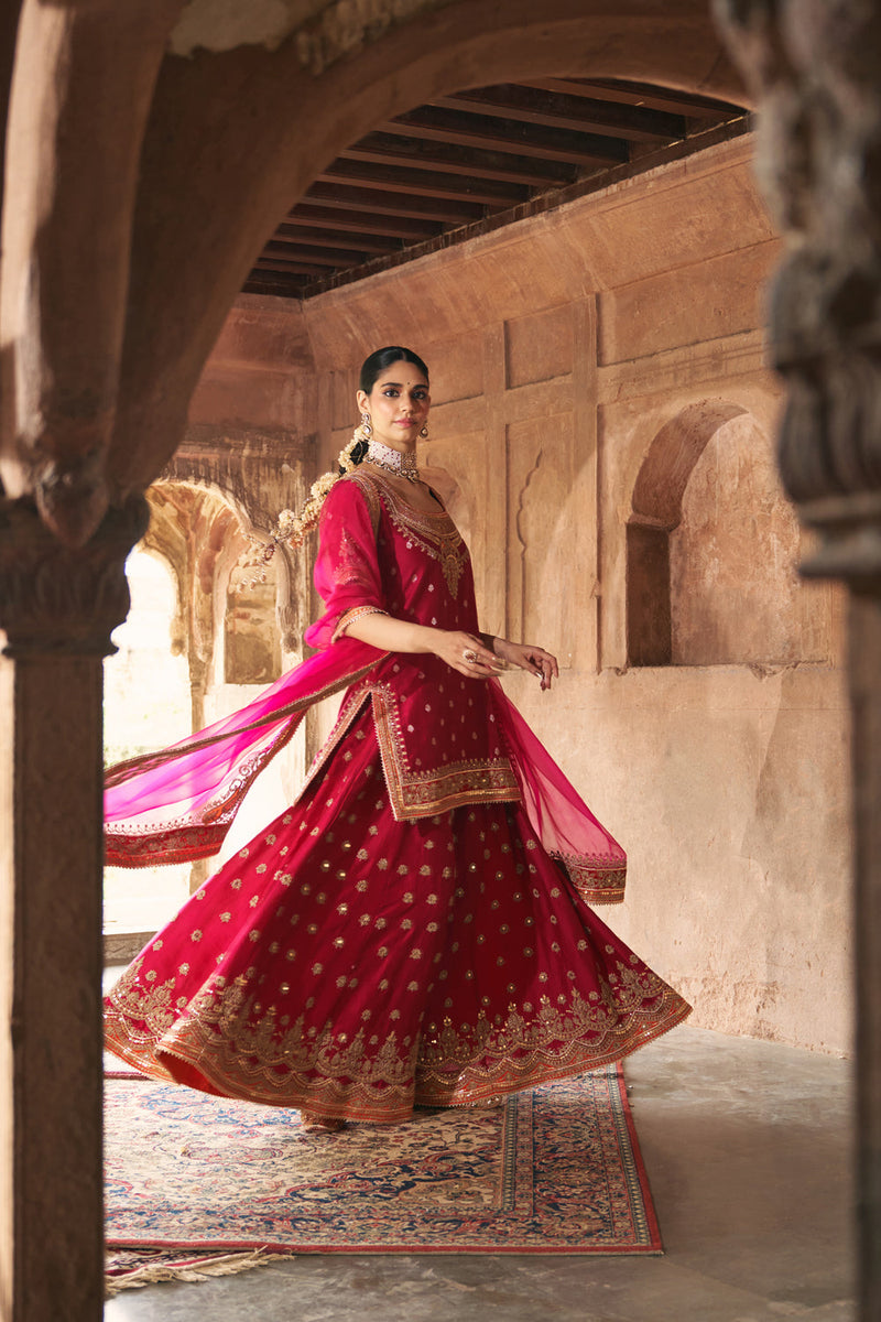 SAMREEN - HOTPINK SHORT KURTA WITH SHARARA AND DUPATTA silk chanderi kurta/kurta set by SHEETAL BATRA in pink for women in Singapore
