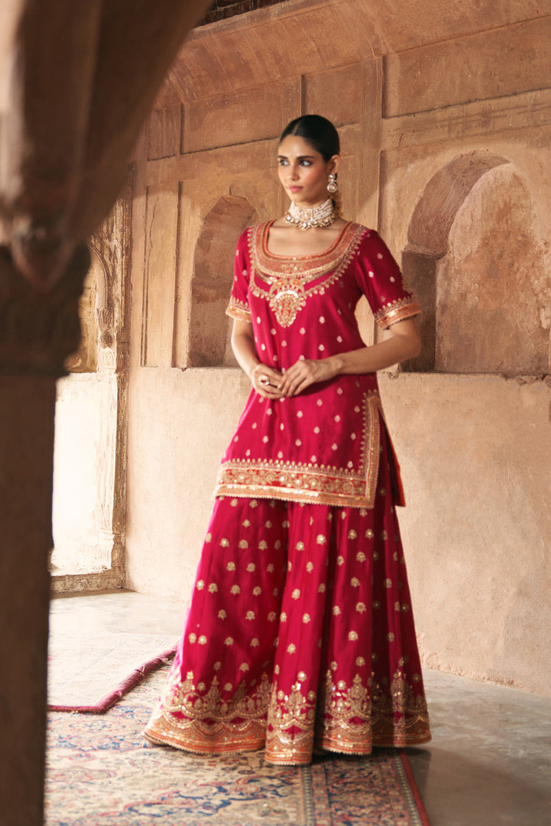 SAMREEN - HOTPINK SHORT KURTA WITH SHARARA AND DUPATTA silk chanderi kurta/kurta set by SHEETAL BATRA in pink for women in Singapore