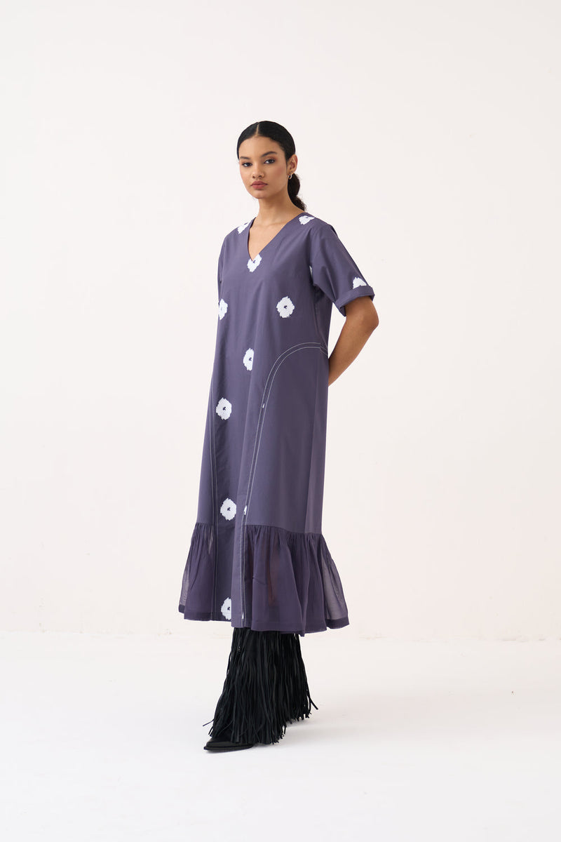 Side U-Gather Block Print Dress-Ash Violet poplin, crepe silk dress by THREE in voilet for women in Singapore