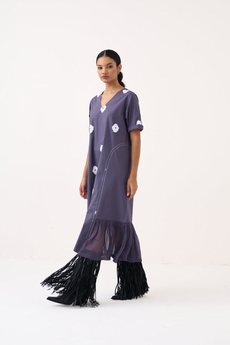 Side U-Gather Block Print Dress-Ash Violet poplin, crepe silk dress by THREE in voilet for women in Singapore