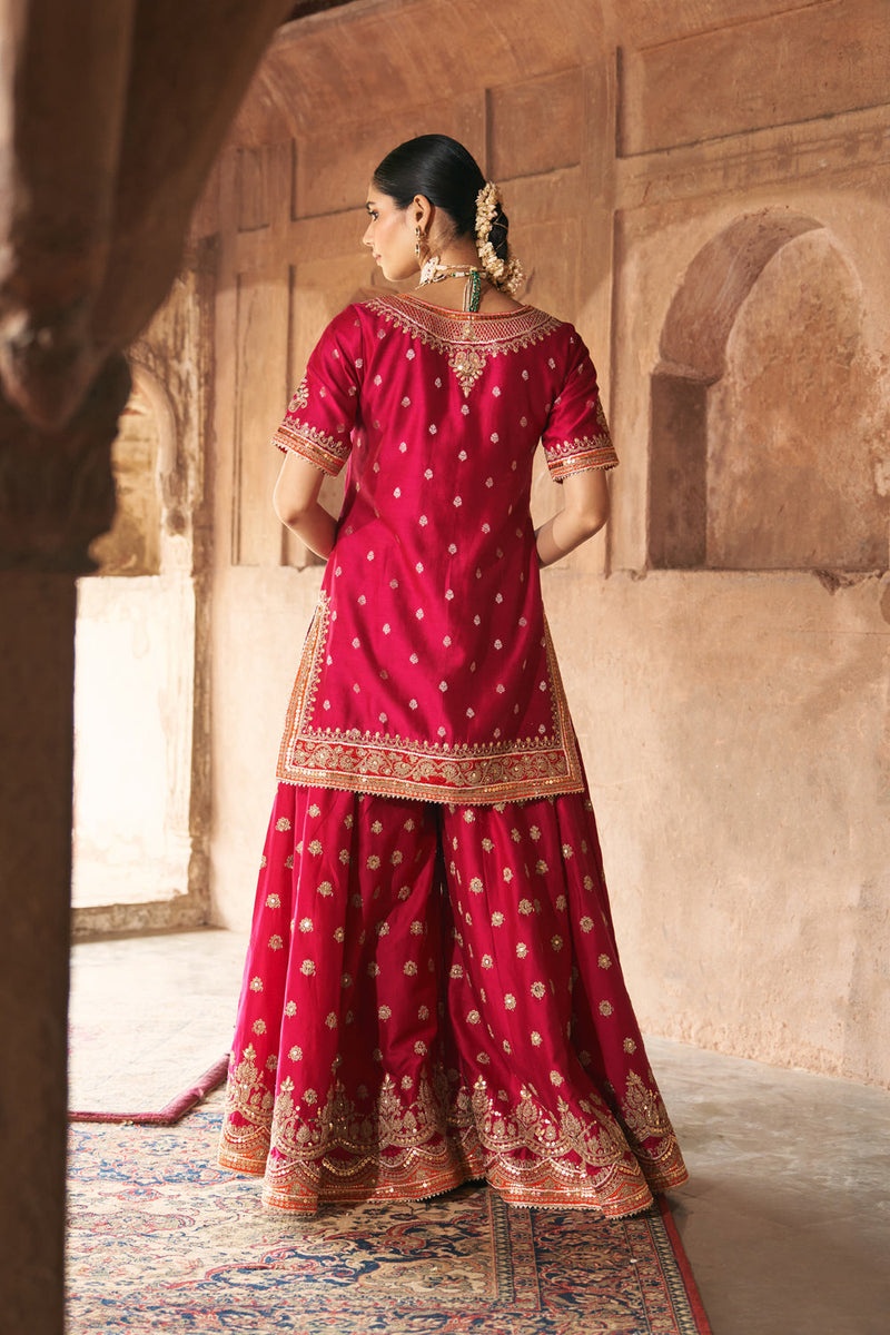 SAMREEN - HOTPINK SHORT KURTA WITH SHARARA AND DUPATTA silk chanderi kurta/kurta set by SHEETAL BATRA in pink for women in Singapore