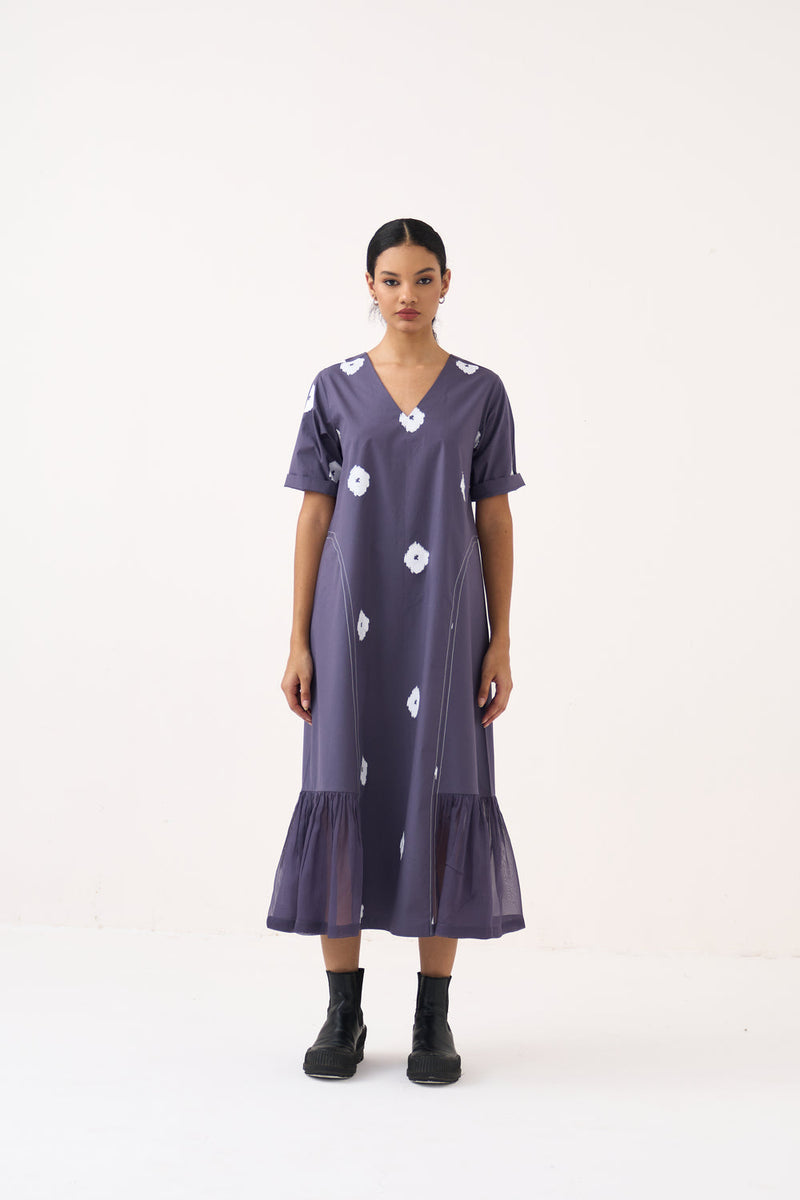 Side U-Gather Block Print Dress-Ash Violet poplin, crepe silk dress by THREE in voilet for women in Singapore