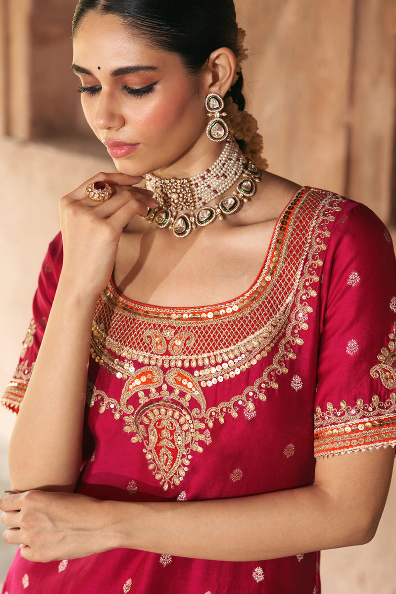 SAMREEN - HOTPINK SHORT KURTA WITH SHARARA AND DUPATTA silk chanderi kurta/kurta set by SHEETAL BATRA in pink for women in Singapore