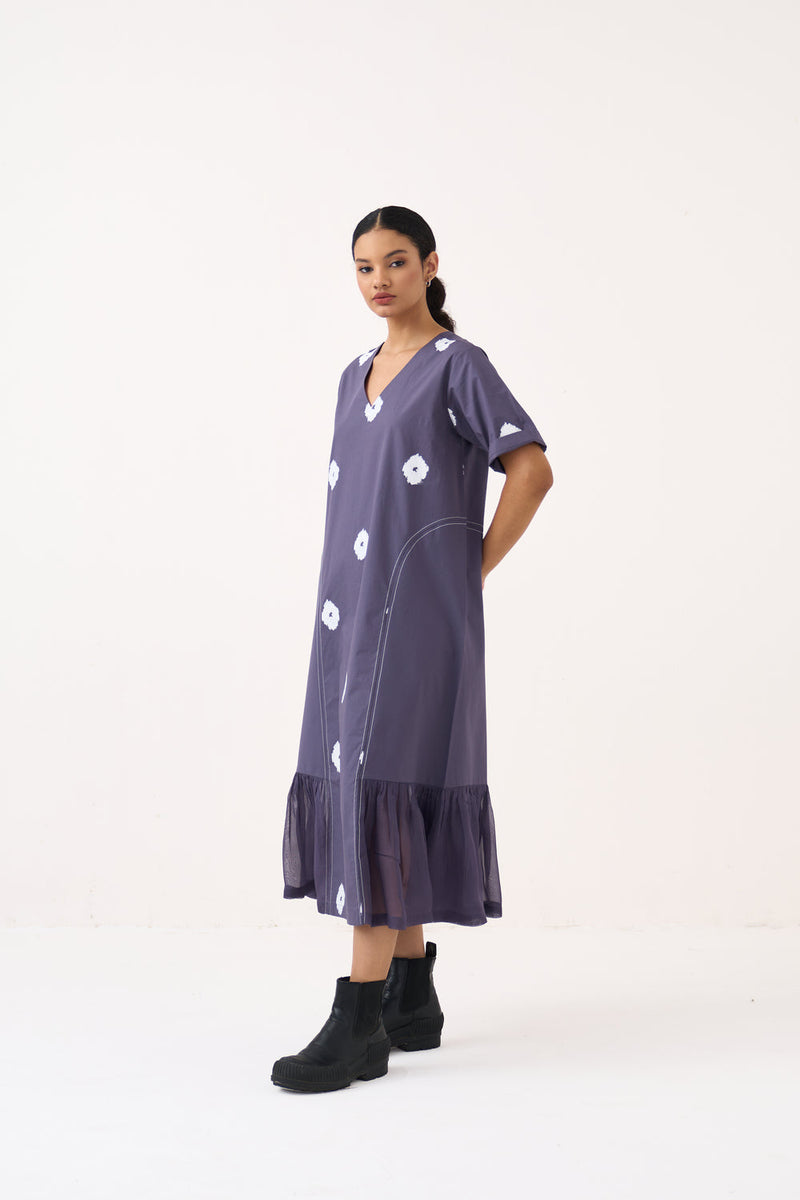 Side U-Gather Block Print Dress-Ash Violet poplin, crepe silk dress by THREE in voilet for women in Singapore