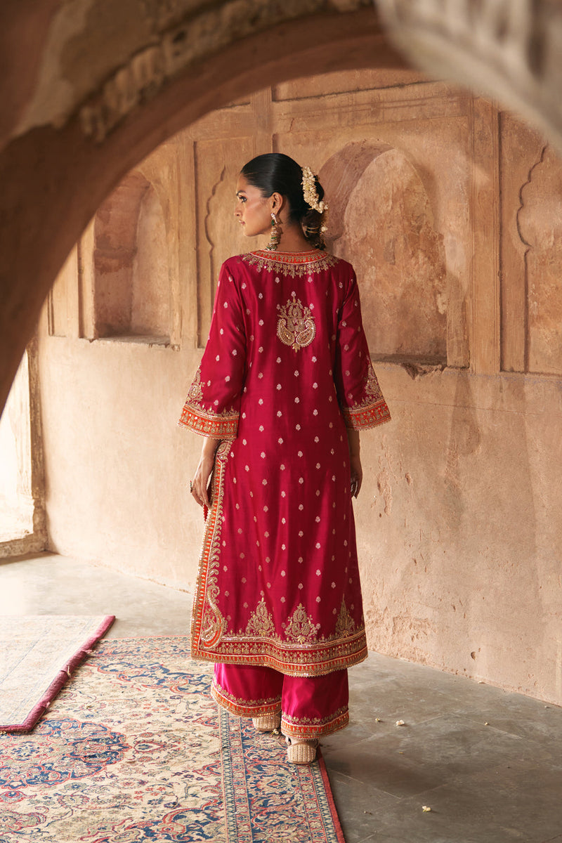 SUMAIRA - HOTPINK LONG KURTA WITH PALAZZO AND DUPATTA silk chanderi kurta/kurta set by SHEETAL BATRA in pink for women in Singapore