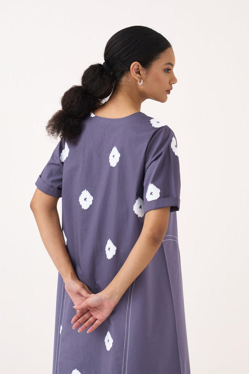 Side U-Gather Block Print Dress-Ash Violet poplin, crepe silk dress by THREE in voilet for women in Singapore