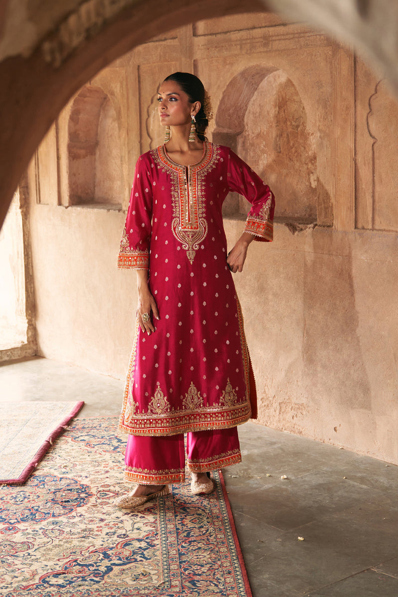 SUMAIRA - HOTPINK LONG KURTA WITH PALAZZO AND DUPATTA silk chanderi kurta/kurta set by SHEETAL BATRA in pink for women in Singapore